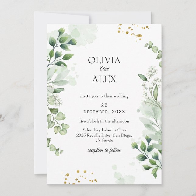 Convite para Casamento Elegante de Script Greenery (Frente)