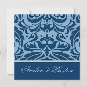 Convite para Casamento Elegante do Damask Azul e P