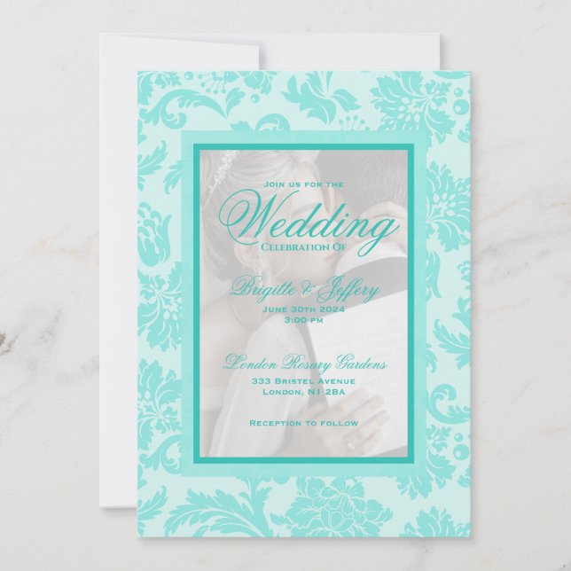 Convite para casamento elegante do Damask Teal (Frente)