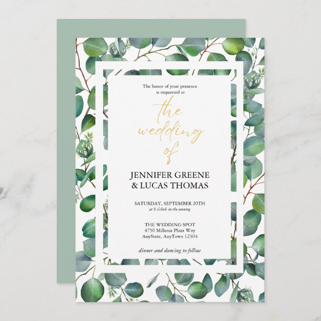 Convite para Casamento Elegante Eucalyptus Greener (Frente/Verso)