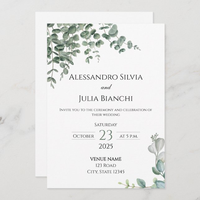 Convite para Casamento Elegante Eucalyptus Greener (Frente/Verso)