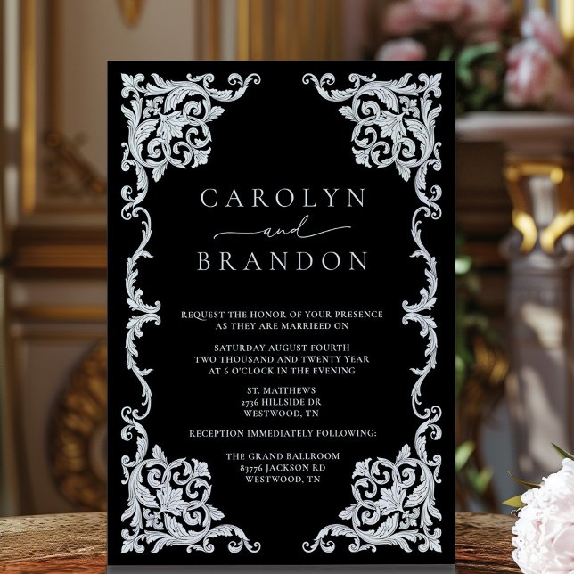 Convite para Casamento Elegante Negro e Branco (Ornate black and white vintage frame wedding invitation)