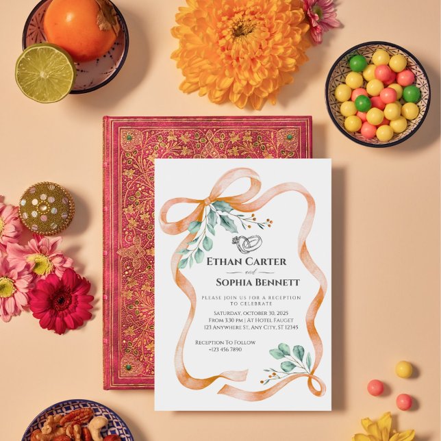 Convite para Casamento Elegante Ribbon & Greenery (Criador carregado)