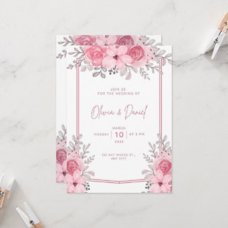Convite para Casamento Elegante Rosa Branco com fl