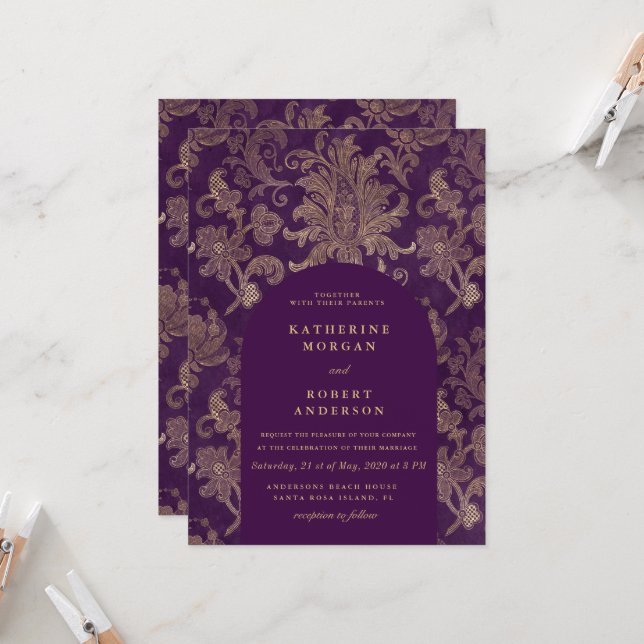 Convite para Casamento Elegante Roxo Real Damask (Frente/Verso In Situ)