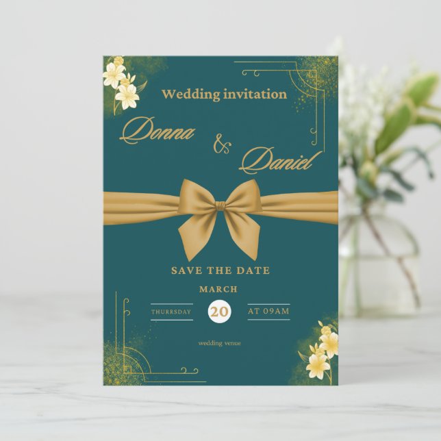 Convite para Casamento Elegante Verde e Dourado co (Em pé/Frente)