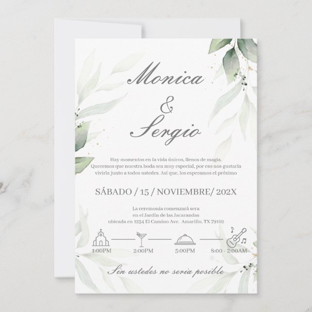 Convite para Casamento Elegante Verde em Espanhol (Frente)