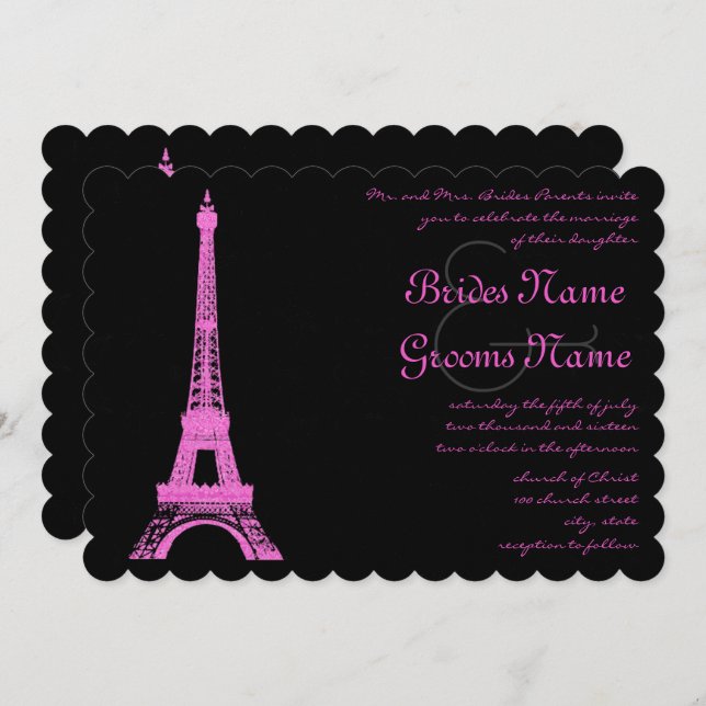 Convite para Casamento em Torre Fuchsia Eiffel (Frente/Verso)