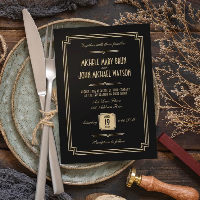 Convite para Casamento Escuro em Deco de Arte Retr (Criador carregado)