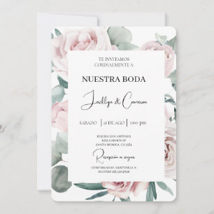 Convite para Casamento Espanhol Floral, rosa e ver