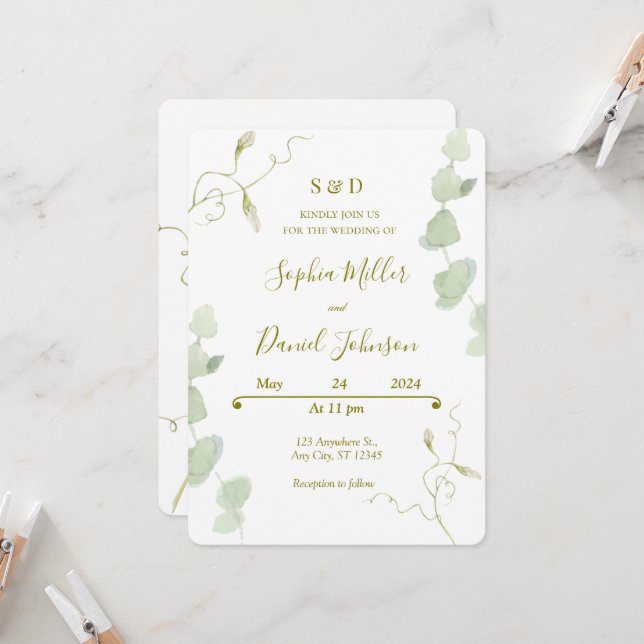 Convite para Casamento Eucalyptus & Blooms (Frente/Verso In Situ)