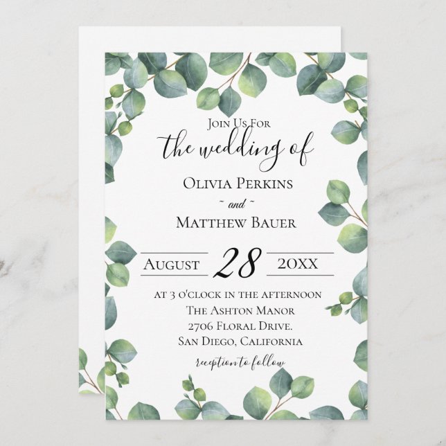 Convite para Casamento Eucalyptus Greenery (Frente/Verso)