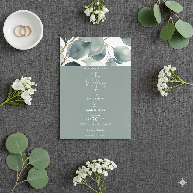 Convite para Casamento Eucalyptus verde-aquarela (Watercolor green Eucalyptus Wedding Invitation. Botanical leafy top border.)