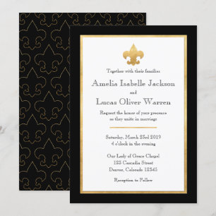 Convite para Casamento Fleur De Lis Preto e Dourad