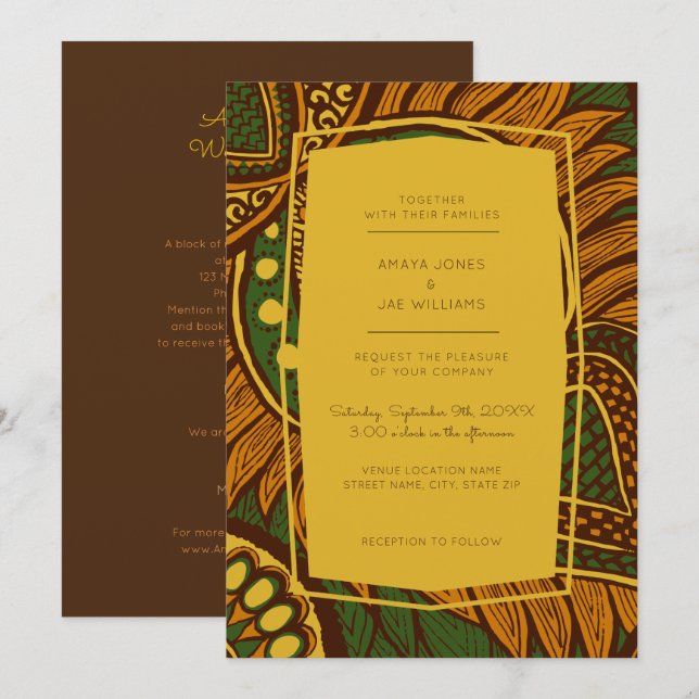 Convite para Casamento Floral Africano Ancara Verd (Frente/Verso)