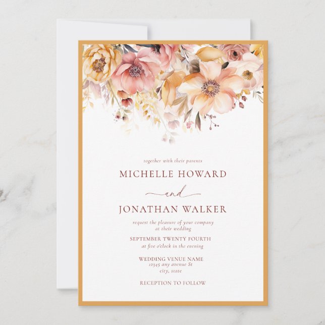 Convite para Casamento Floral Amarelo Elegante (Frente)