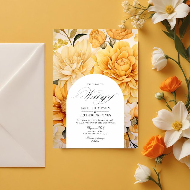 Convite para Casamento Floral Amarelo, Laranja e M (Yellow, Orange and Ivory Floral Wedding Invitation)