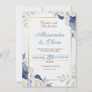 Convite para Casamento Floral Azul e Dourado