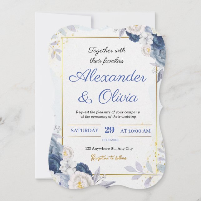 Convite para Casamento Floral Azul e Dourado (Frente)