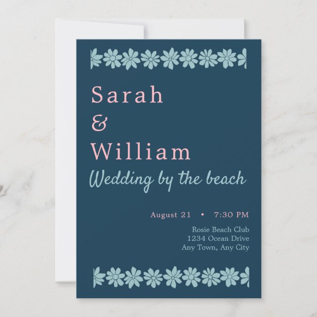 Convite para Casamento Floral Azul e Rosa (Frente)