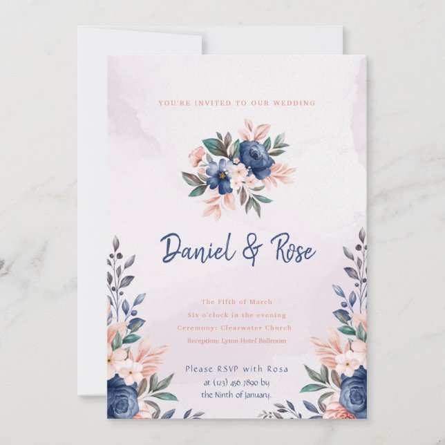 Convite para Casamento Floral Azul e Rosa (Frente)