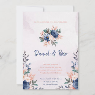 Convite para Casamento Floral Azul e Rosa