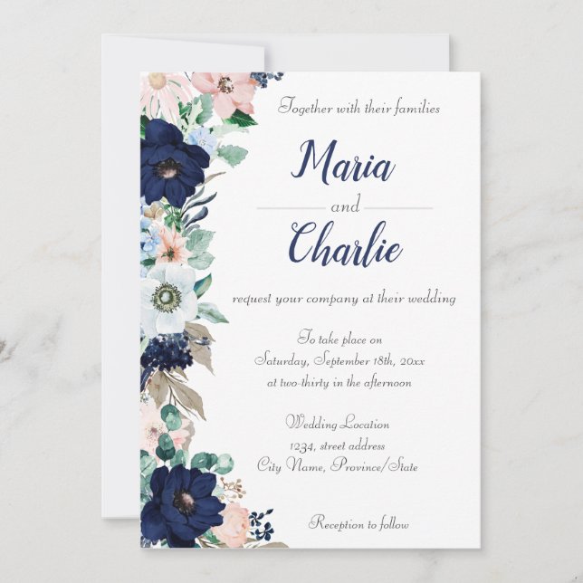 Convite para Casamento Floral Azul e Rosa Marinho (Frente)
