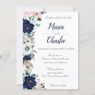 Convite para Casamento Floral Azul e Rosa Marinho