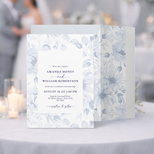 Convite para Casamento Floral Azul Elegante (Criador carregado)