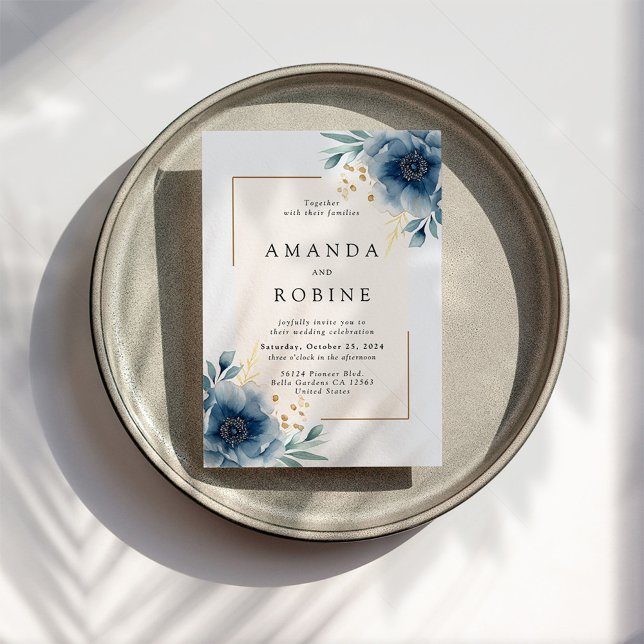 Convite para Casamento Floral Azul Elegante (Criador carregado)