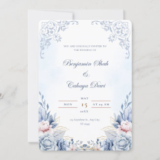 Convite para Casamento Floral Azul Elegante