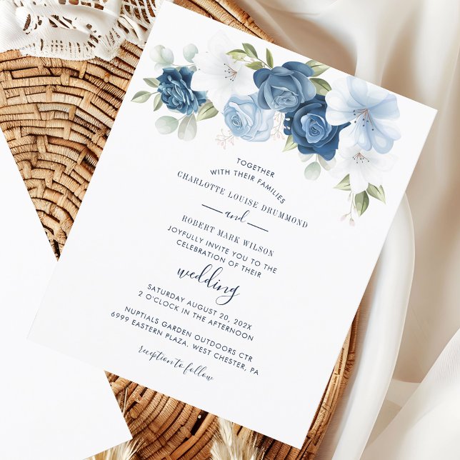 Convite para Casamento Floral Azul Elegante Dusty (Elegant Dusty Blue Floral Wedding Invitation)
