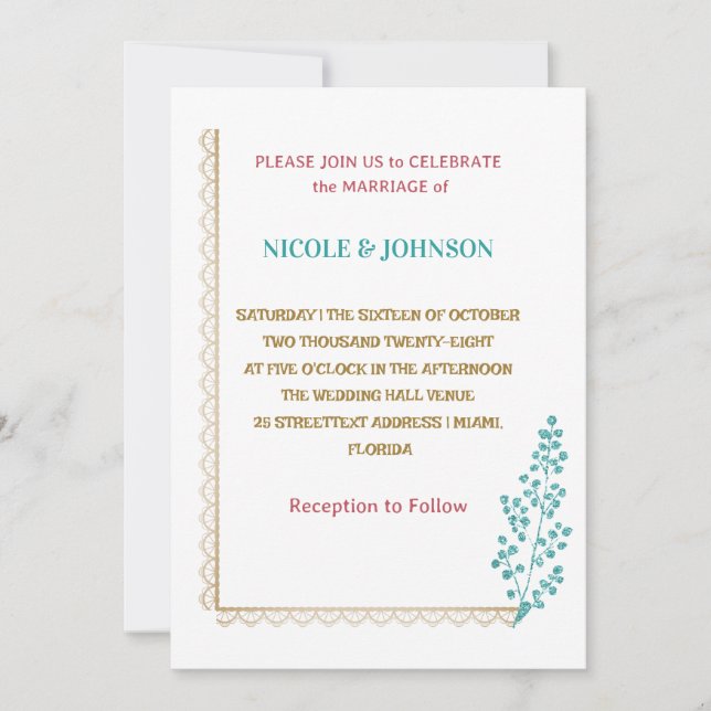 Convite para Casamento floral azul Elegante luxe (Frente)