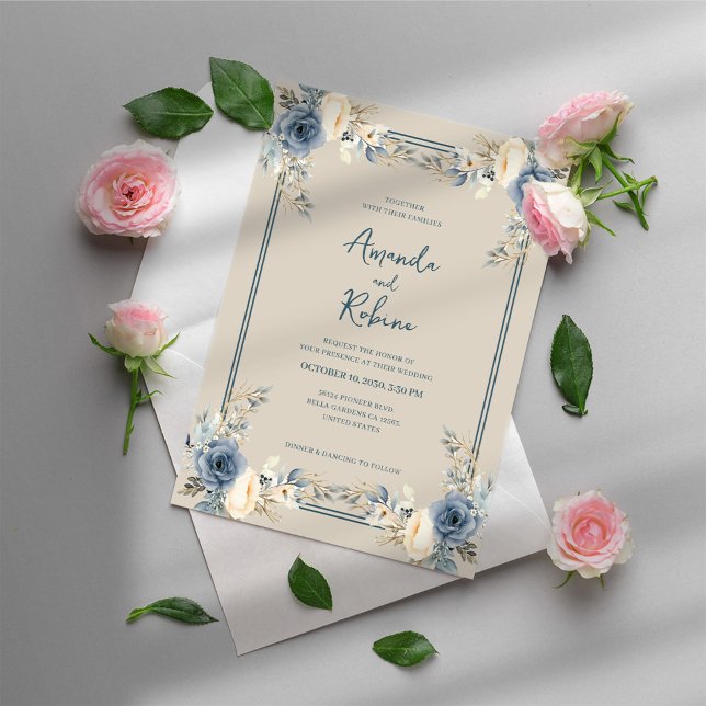 Convite para Casamento Floral Azul Elegante Modern (Criador carregado)