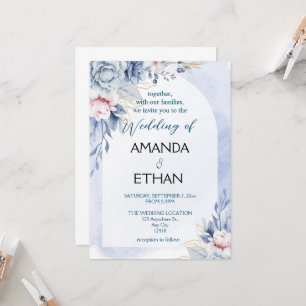 Convite para casamento floral azul empoeirado
