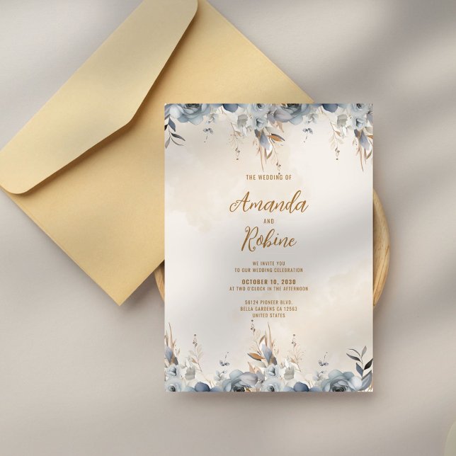 Convite para Casamento Floral Azul Moderno (Criador carregado)