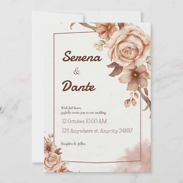 Convite para Casamento Floral Beige & Brown (Frente)