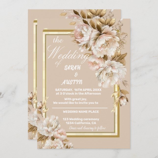 Convite para Casamento Floral Beige e Pink Waterco (Frente/Verso)