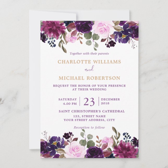 Convite para Casamento Floral Boho de Lavanda Roxa (Frente)