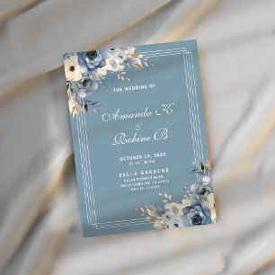 Convite para Casamento Floral Branco e Azul Dusty