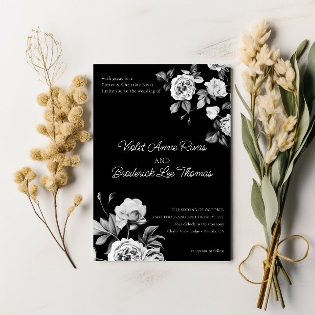 Convite para Casamento Floral Branco e Preto do et (Criador carregado)
