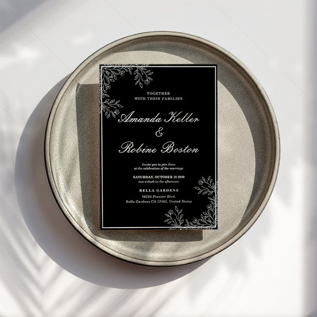 Convite para Casamento Floral Branco e Preto Elega (Criador carregado)