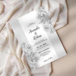Convite para Casamento Floral Branco e Preto Moder