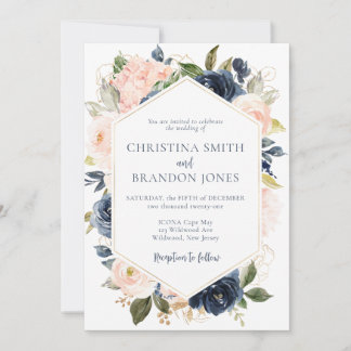 Convite para Casamento Floral Cor-de-marinho Azul 