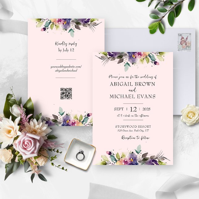 Convite para Casamento Floral de abstrato Watercol (Watercolor Pink Floral Wedding Invitation & RSVP)