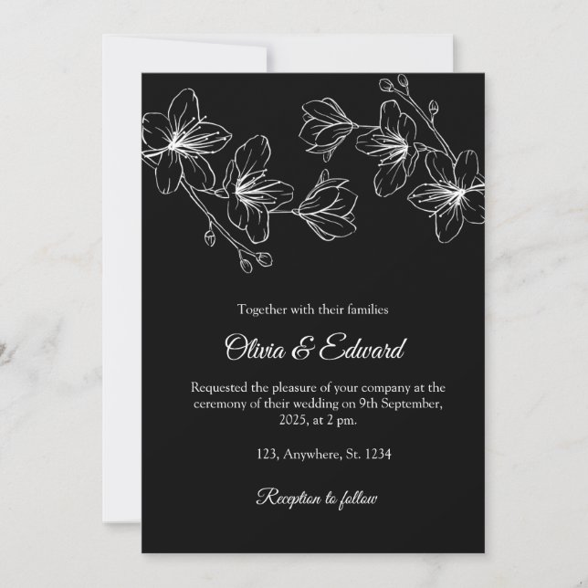 Convite para Casamento Floral de Arte da Linha Neg (Frente)