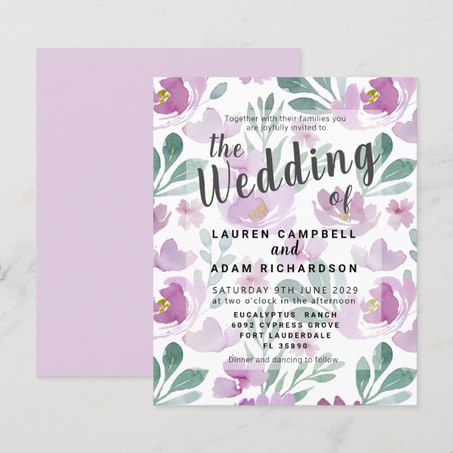 Convite para Casamento Floral de Boho Purple (Frente/Verso)