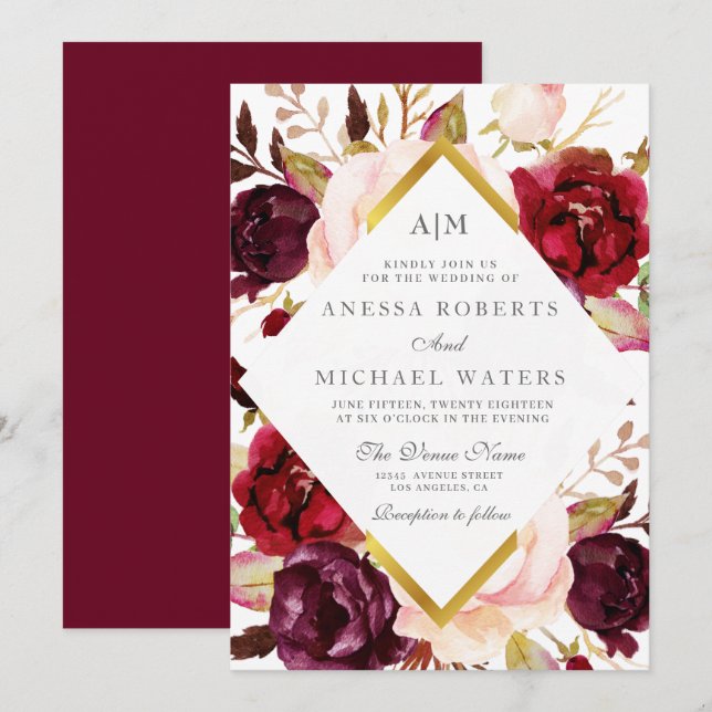 Convite para casamento floral de Burgundy (Frente/Verso)