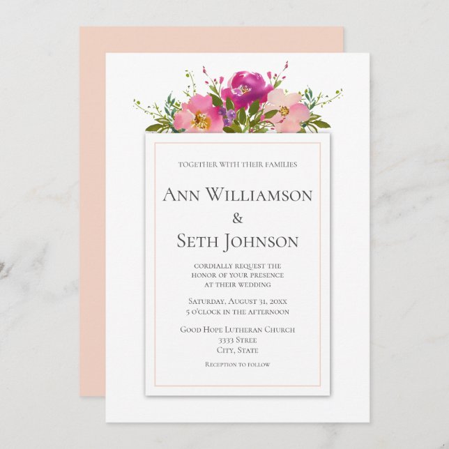 Convite para Casamento Floral de Cor-de-Água Rosa (Frente/Verso)