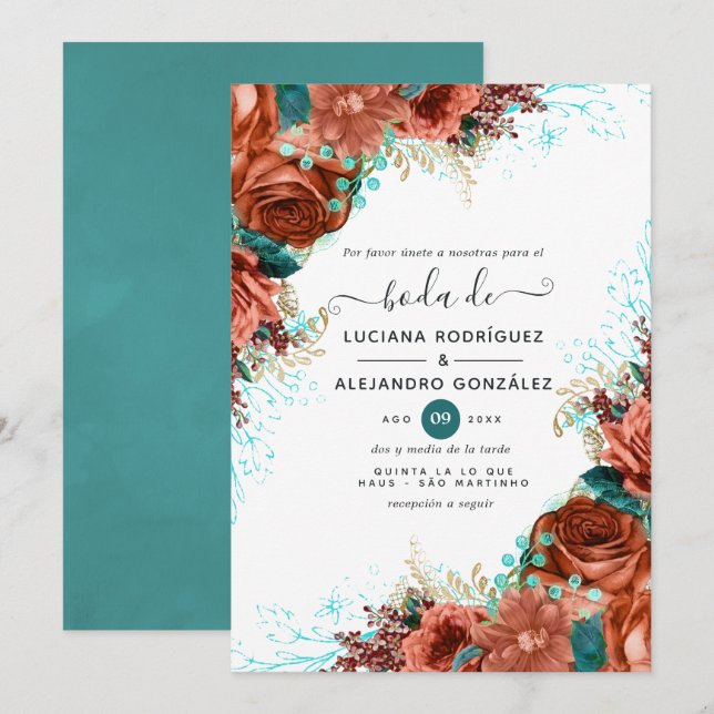 Convite para Casamento Floral de Coral e Teal, Esp (Frente/Verso)